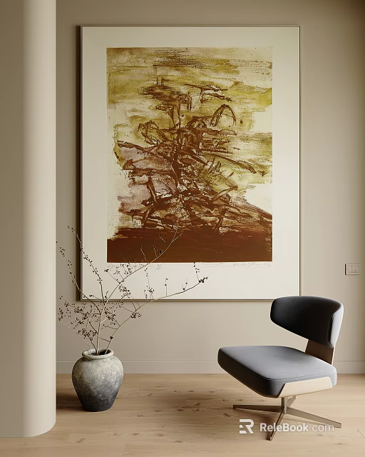 Abstract Painting on Beige Wall With Black Chair and Vase of Dried Branches 3d model 
