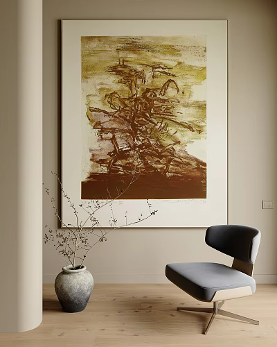 Abstract Painting on Beige Wall With Black Chair and Vase of Dried Branches 3d model
