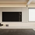 Modern TV Wall Design with Built in Shelves Cabinets Window Blinds Leather Chair and Dark Rug