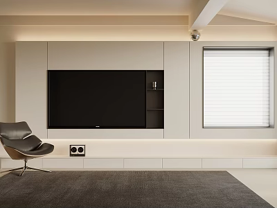 Modern TV Wall Design with Built in Shelves Cabinets Window Blinds Leather Chair and Dark Rug 3d model