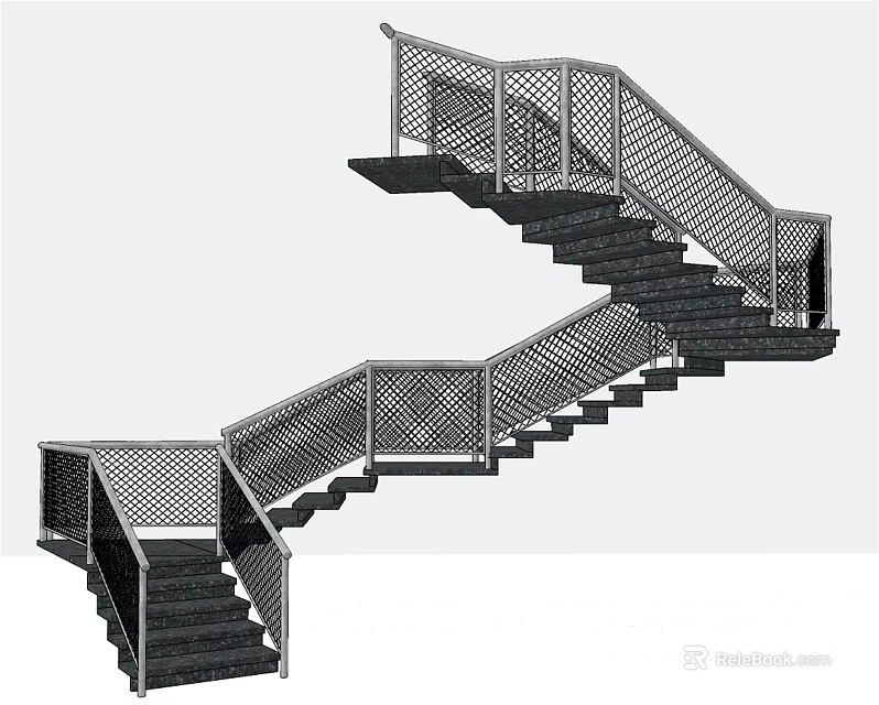 Modern Staircase Design Featuring Metal Mesh Railing And Black Steps 3d model