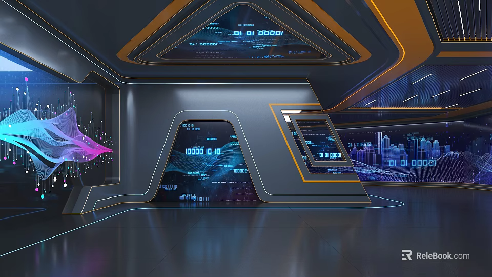 Futuristic Control Room Interior With Digital Screens And Tech Data Displays 3d model 