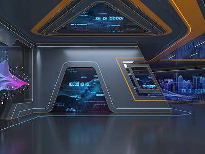 Futuristic Control Room Interior With Digital Screens And Tech Data Displays 3d model