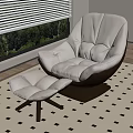 Beige Comfortable Lounge Chair With Ottoman On Checkered Rug By Window With Trees