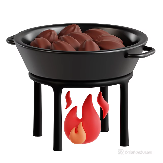 Fresh Crops Simmering in Black Pot on Metal Stand with Flames 3d model 