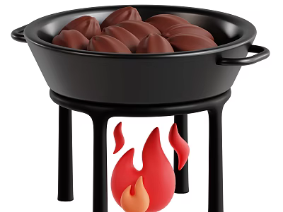 Fresh Crops Simmering in Black Pot on Metal Stand with Flames 3d model
