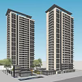 Two Modern Residential High Rise Buildings With Balconies Low Rise Structures Trees And Blue Sky
