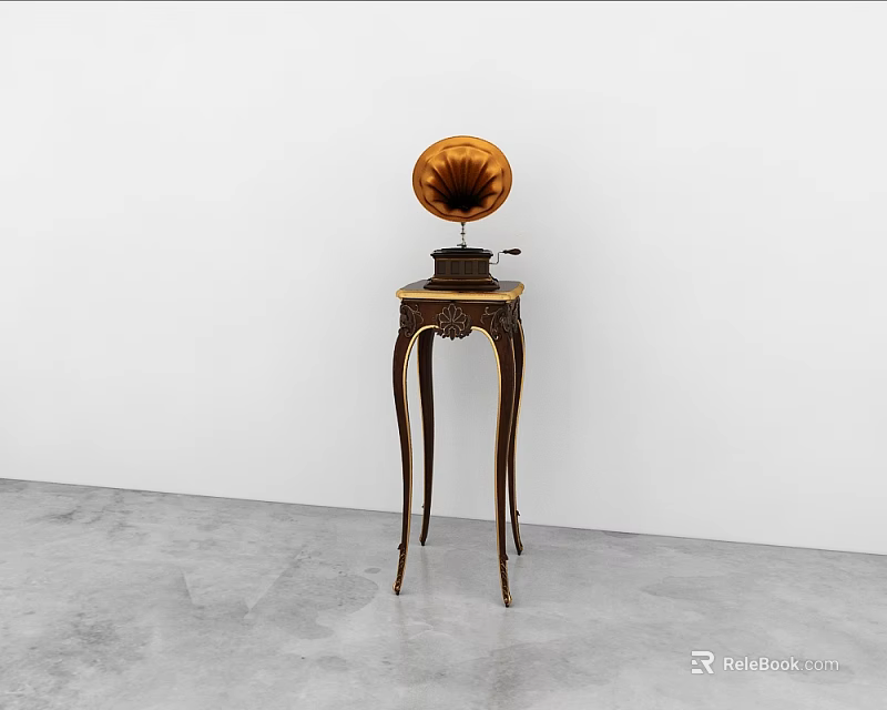Vintage Wooden Corner Table With Carved Legs And Copper Horn Phonograph 3d model 