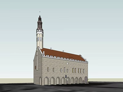 European Style Architecture With Tall Clock Tower Red Tiled Roof And Arched Windows 3d model