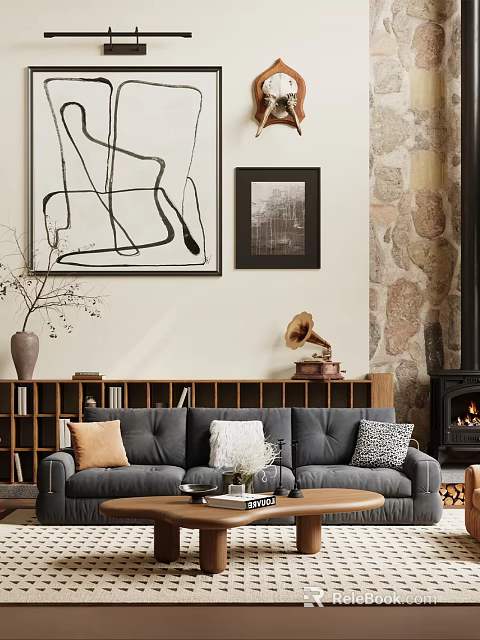 Elegant Grey Sofa Set With Decorative Cushions Bookshelf Stone Wall And Fireplace 3d model 