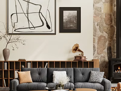 Elegant Grey Sofa Set With Decorative Cushions Bookshelf Stone Wall And Fireplace 3d model