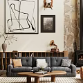 Elegant Grey Sofa Set With Decorative Cushions Bookshelf Stone Wall And Fireplace