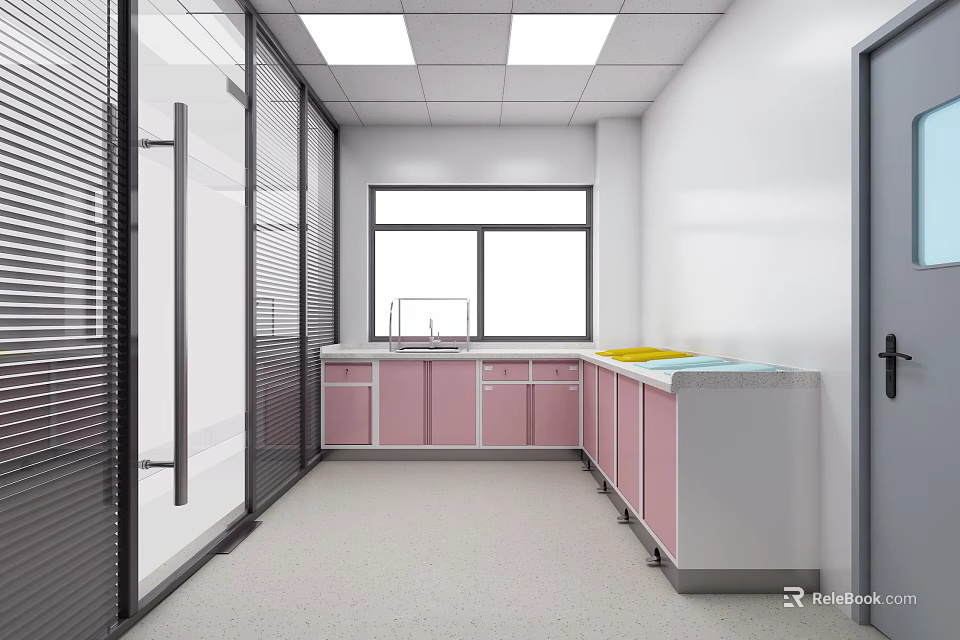 Clean Interior Space With Pink Cabinets White Countertops Sink And Window Blinds 3d model 