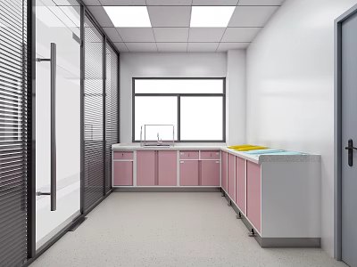 Clean Interior Space With Pink Cabinets White Countertops Sink And Window Blinds 3d model