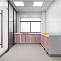 Clean Interior Space With Pink Cabinets White Countertops Sink And Window Blinds