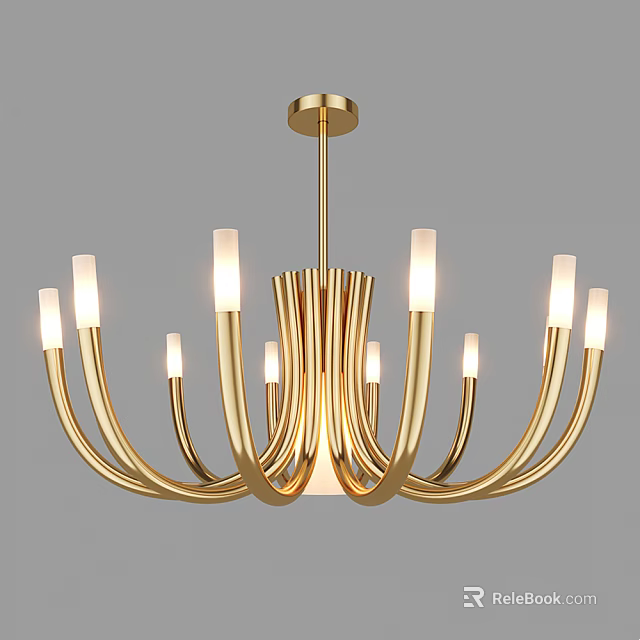 Modern Golden Chandelier With Curved Arms And Cylindrical Light Bulbs 3d model 