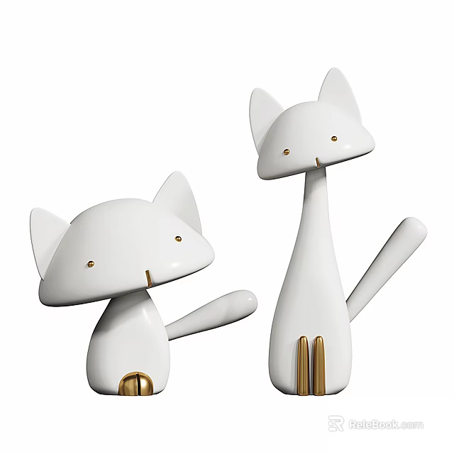 Minimalist White Cat Shaped Decorative Figurine Set with Golden Accents for Home Decoration 3d model 