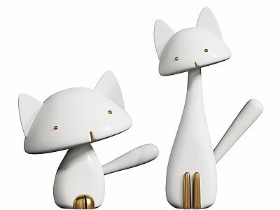 Minimalist White Cat Shaped Decorative Figurine Set with Golden Accents for Home Decoration 3d model