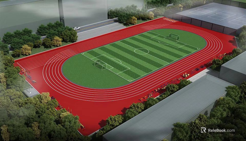 Well Maintained Football Field With Green Lawn Red Running Track Goalposts And Surrounding Trees 3d model 