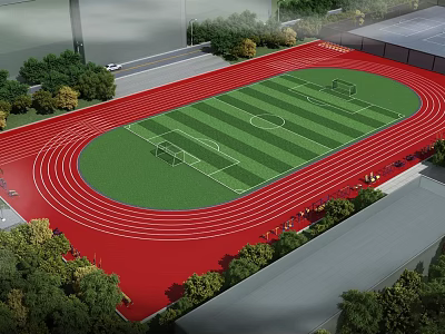 Well Maintained Football Field With Green Lawn Red Running Track Goalposts And Surrounding Trees 3d model