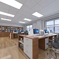 Modern Public Office Space With Open Layout Desks Computers Chairs Bookshelves And Windows