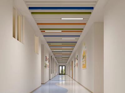 Kindergarten Corridor With Colorful Striped Ceiling White Walls Children's Artworks And Blue White Wavy Floor 3d model