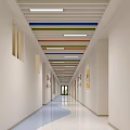 Kindergarten Corridor With Colorful Striped Ceiling White Walls Children's Artworks And Blue White Wavy Floor