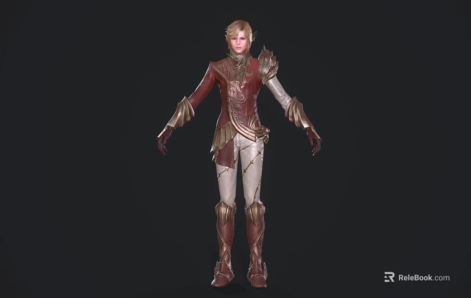 Woman Wearing Red And Beige Outfit With Gold Accents In Fantasy Style Standing Pose 3d model 