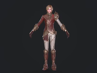 Woman Wearing Red And Beige Outfit With Gold Accents In Fantasy Style Standing Pose 3d model