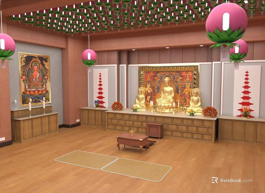 Buddhist Temple Interior With Golden Buddha Statues Lotus Lanterns Murals And Prayer Mats 3d model 