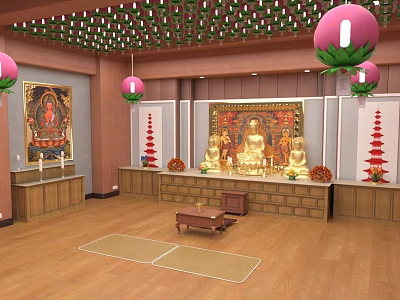 Buddhist Temple Interior With Golden Buddha Statues Lotus Lanterns Murals And Prayer Mats 3d model