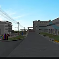 Park Landscape with Wide Road Green Lawns Colorful Play Structures and Surrounding Buildings