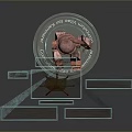 Game Movie Character Mechanical Humanoid On Circular Base With Holographic Structures And Green Core