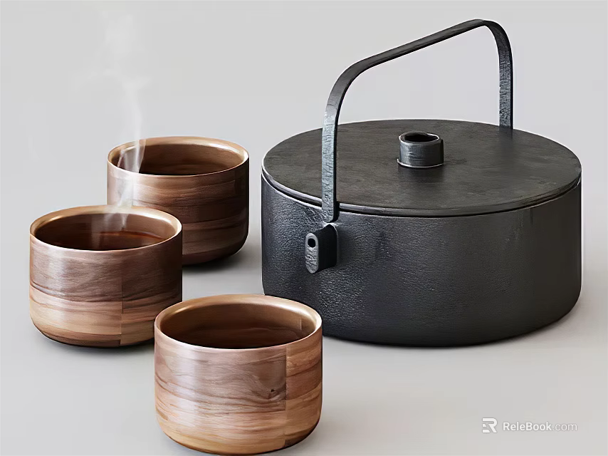 Natural Style Tea Set Featuring Black Cast Iron Teapot And Three Wooden Cups 3d model 