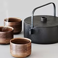 Natural Style Tea Set Featuring Black Cast Iron Teapot And Three Wooden Cups