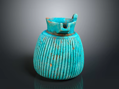 Turquoise Ribbed Sculpture Vessel With Hand Carved Design And Decorative Top Handle 3d model