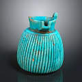 Turquoise Ribbed Sculpture Vessel With Hand Carved Design And Decorative Top Handle