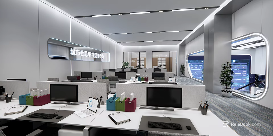 Modern Public Office Space With Workstations Computers Partition Dividers And Office Supplies 3d model 