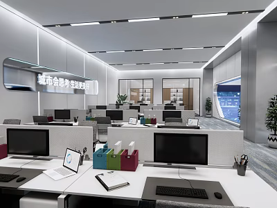 Modern Public Office Space With Workstations Computers Partition Dividers And Office Supplies 3d model