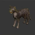 Realistic Grey Striped Cat With Green Eyes Standing On Dark Background