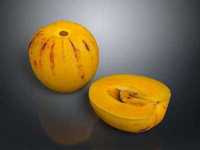 Fresh Yellow Fruit with Red Stripes Halved Showing Juicy Yellow Flesh and Small Seeds 3d model