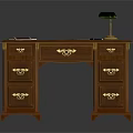 Classic Wooden Desk With Gold Handle Drawers Table Lamp Notebook And Pen
