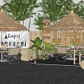 Relaxing Camping Site With Thatch Roofed Pavilions Palm Trees Bamboo Fence And Gravel Ground