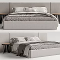 Modern Double Bed With Grey Upholstered Headboard Linen Bedding And Wooden Bedside Tables
