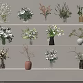 Elegant Decorative Vases With Various Flowers Arranged On White Shelves