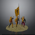 Medieval Armored Soldiers With Orange Flag On Circular Grass Base