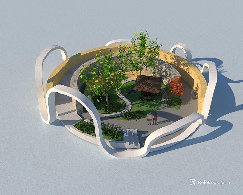 Modern Circular Plaza Landscape with Arched White Structures Trees Pavilion and Benches 3d model