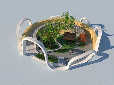 Modern Circular Plaza Landscape with Arched White Structures Trees Pavilion and Benches 3d model