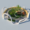 Modern Circular Plaza Landscape with Arched White Structures Trees Pavilion and Benches 3d model