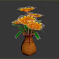Orange Carved Vase With Yellow Blooming Flowers And Green Leaves